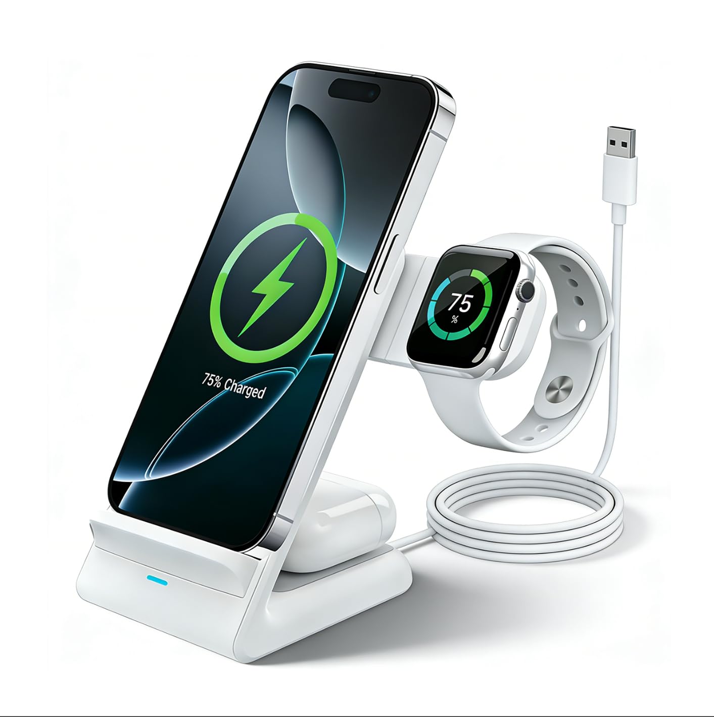 Unico Cargador Inalámbrico 3 en 1 Portátil Rápido 15W con Cable sin Cargador para iPhone 17/16/15/14/13/12 para AirPods para Apple Watch Ultra/SE (Adaptador no Incluido)