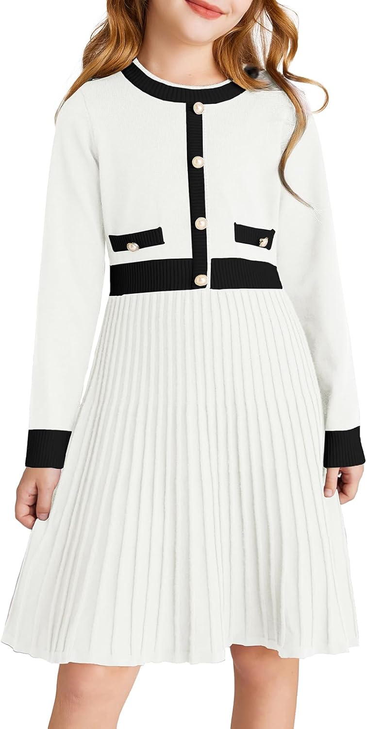 GRACE KARIN Girls Sweater Fall Dress Long Sleeve Knit A Line Contrast Casual Winter Dresses 6-14Y