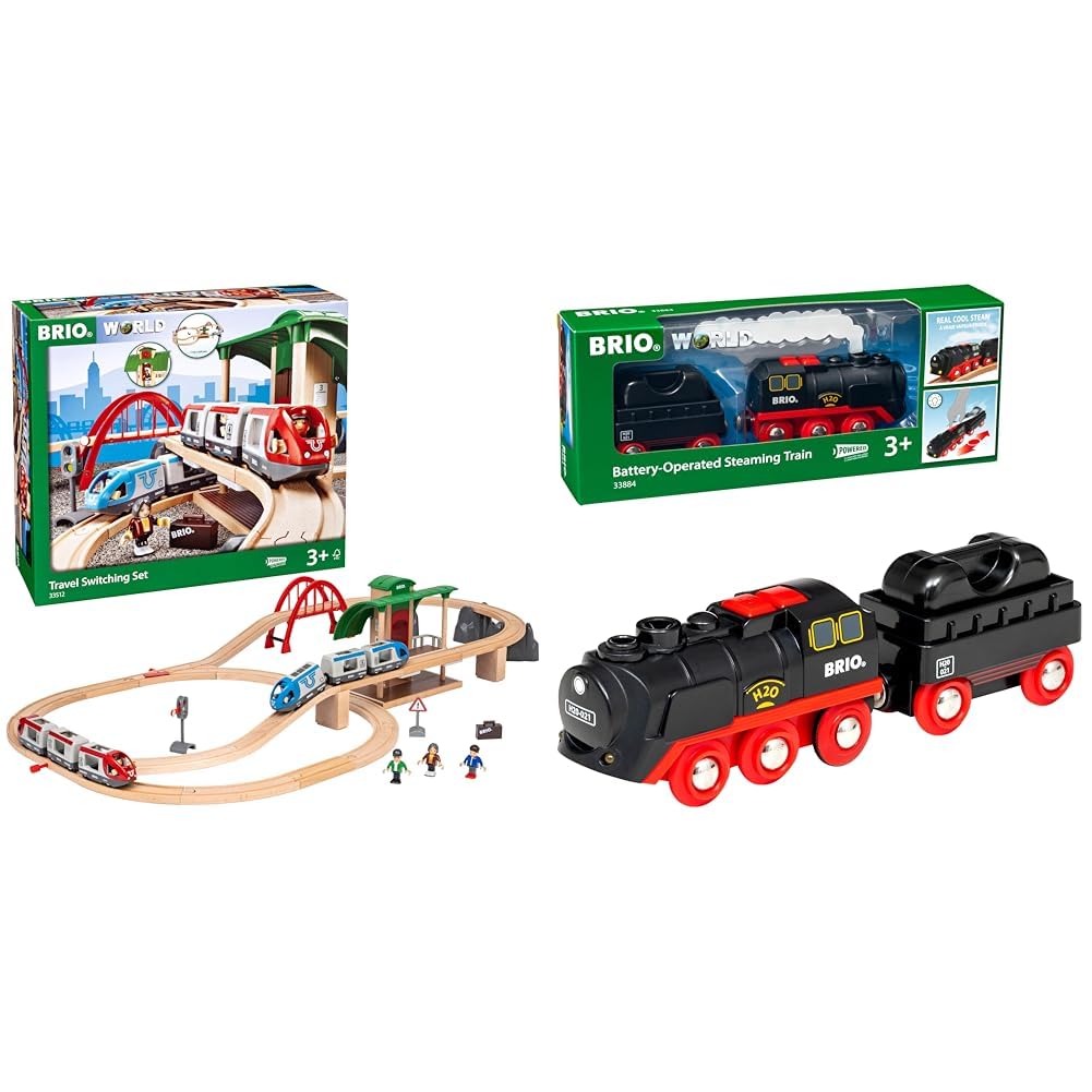 BRIO World 33512 Großes BRIO Bahn Reisezug Set & World 33884 Batterie-Dampflok mit Wassertank - Lokomotive mit echtem kühlen Dampf und Wasserbehälter zum Nachfüllen - Empfohlen ab 3 Jahren