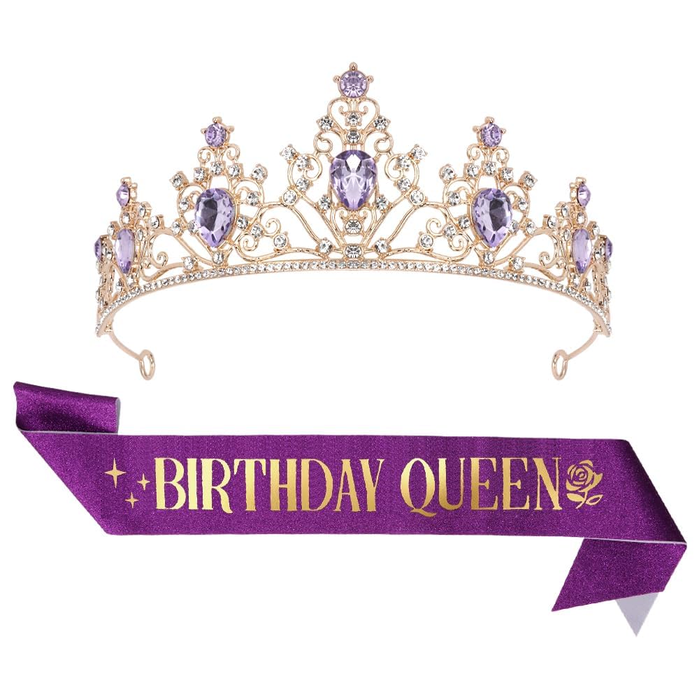 Black Red Birthday Queen Sash Tiara & Crown for Women Girls,Birthday Princess Queen Crown Headband Party Decorations Rhinestone Happy Birthday Accessories