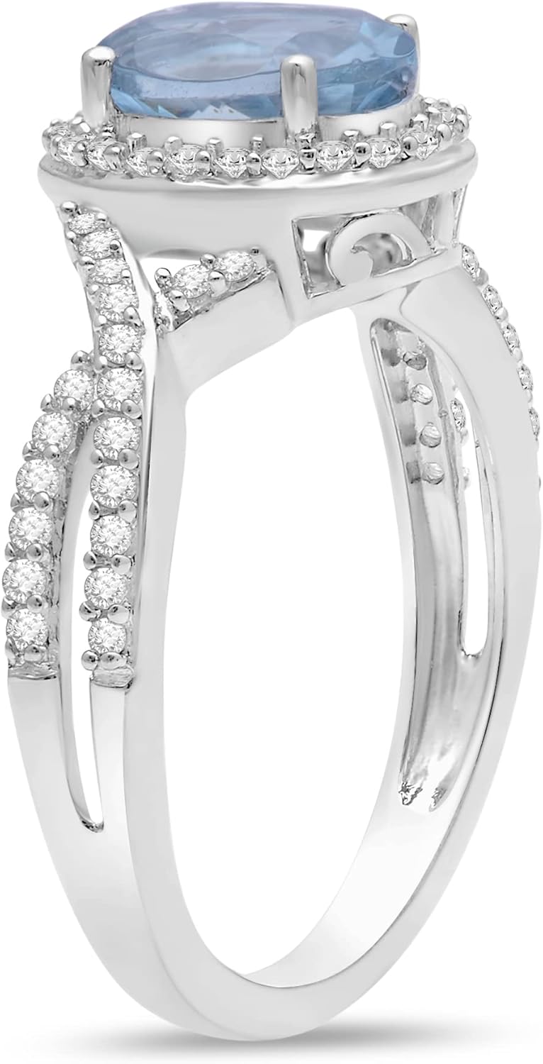 Jewelili Sterling Silver 9x7 MM Oval Cut Aquamarine and Round Created White Sapphire Infinity Halo Engagement Ring