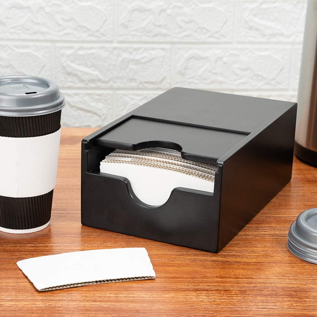 Restaurantware Restpresso 9.5 x 6 x 3.75 Inch Coffee Cup Sleeve Dispenser 1 Compact Coffee Sleeve Holder - Spring-Loaded Design For Homes or Restaurants Black Bamboo Coffee Sleeve Organizer