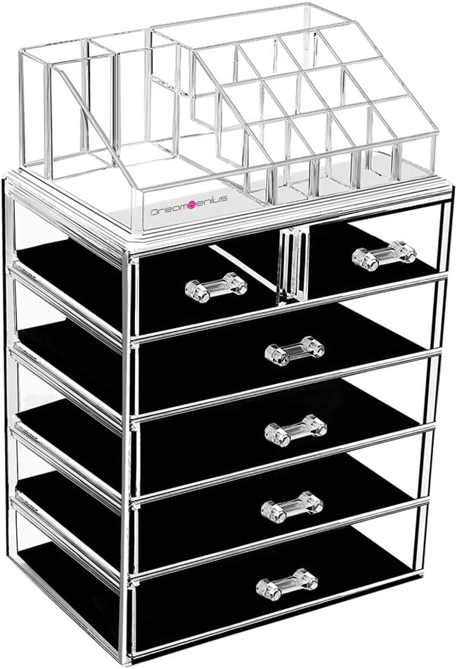 DreamGenius Makeup Organizer Acrylic Cosmetic with 6 Storage Drawers and Jewelry Display Box