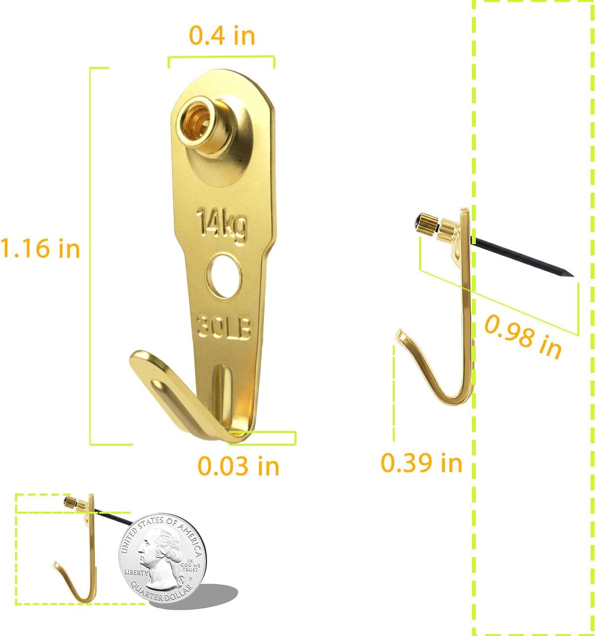 Picture Hangers, Extra Thick, 30 lb, for Decorative Drywall & Plaster Walls - Small Nails for Painting, Frame Hooks to Hang for Hanging, 100 pcs, Gold