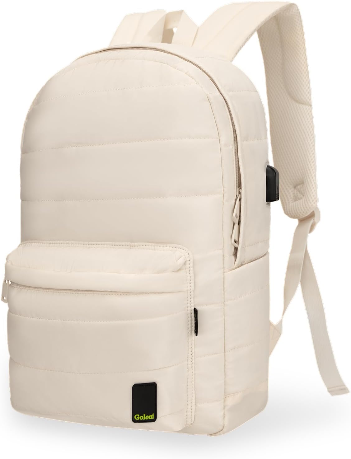 Goloni Laptop Backpack for Women,Puffy Travel Backpack with USB Charging Port,Waterproof Quilted Casual Daypack Fits 15.6 Inch Laptop,White