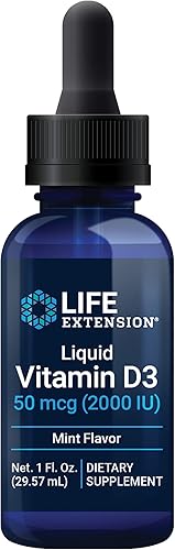 Life Extension Vitamina D3 líquida de 50 mcg (2000 IU), suplemento de vitamina D, gotas con sabor a menta para apoyo inmunológico, salud ósea y