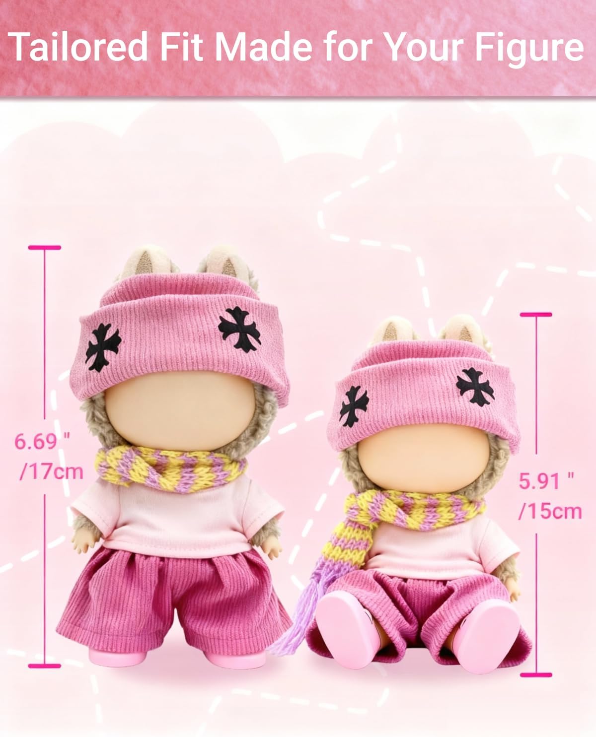 5Pcs Doll Clothes for Labubu – Pink Outfit Set with Hat & Scarf, Designer Clothes, Clothing & Accessories for 17cm Dolls (Doll Not Included)