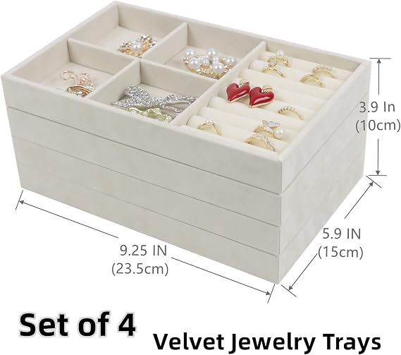 Set of 4 Stackable Jewelry Trays Organizer, Velvet Earring Organizer, Jewelry Organizer Showcase Display Drawer Organizer Storage, Earring Holder Necklace Bracelet Ring Accessary Organizers (Beige)