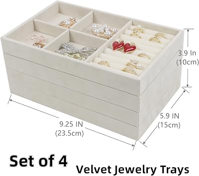 Set of 4 Stackable Jewelry Trays Organizer, Velvet Earring Organizer, Jewelry Organizer Showcase Display Drawer Organizer Storage, Earring Holder Necklace Bracelet Ring Accessary Organizers (Beige)