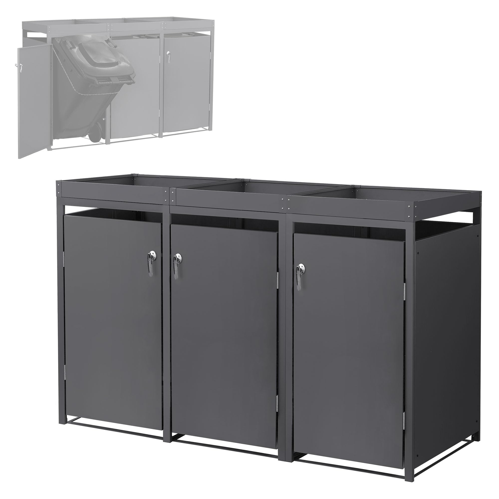 ML-Design Copribidone per Spazzatura con Tetto a Fioriera per 3 Cestini 240L 200x80x124 cm Antracite Acciaio Resistente alle Intemperie Contenitore per 3 Pattumiere Copri Bidone per Rifiuti