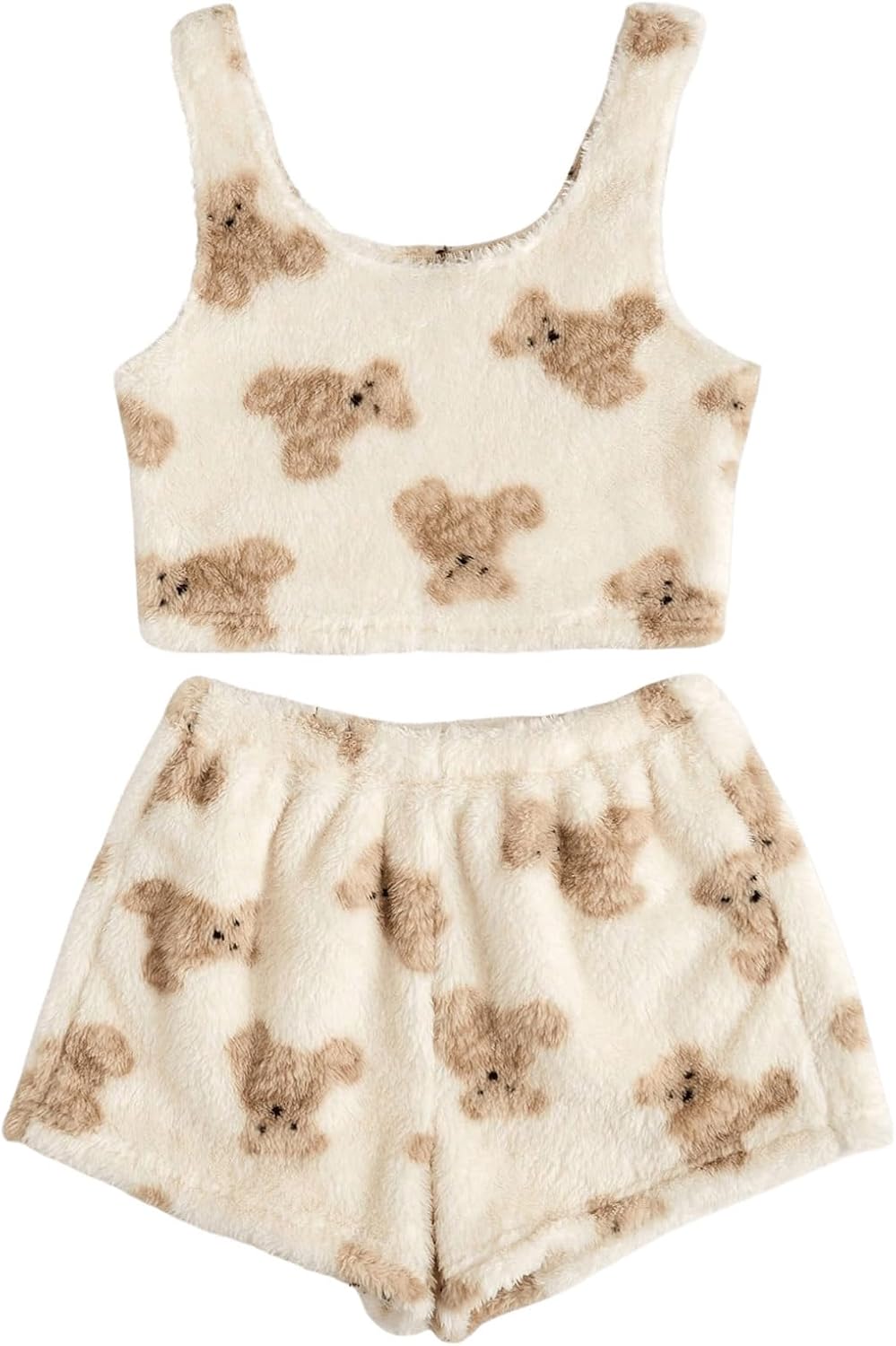 SHENHE Women's Fuzzy Pajamas Bear Print Puffy Tank and Shorts 2 Piece Cute Pajama Set