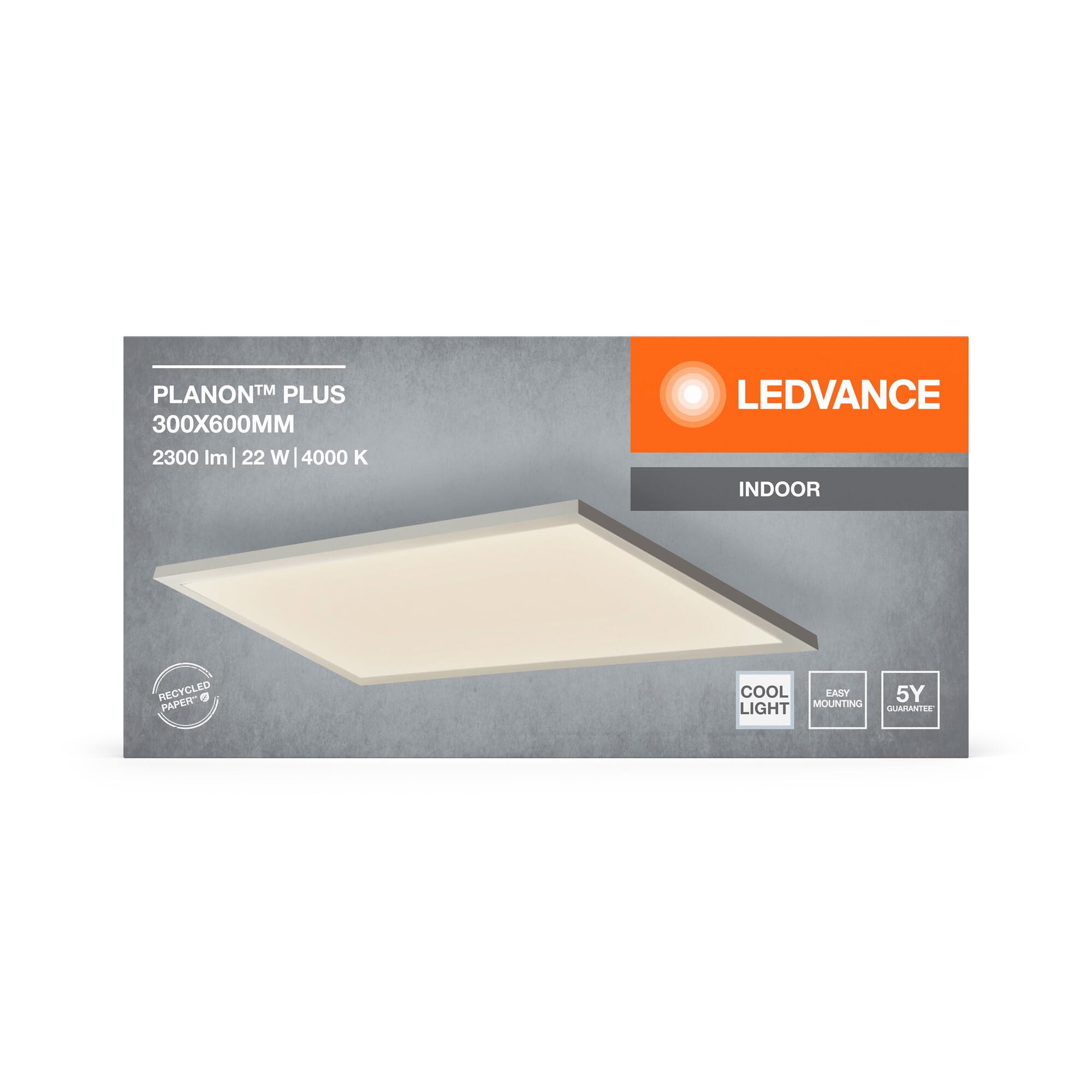 LEDVANCE Planon Plus plafoniera bianca con tecnologia LED avanzata, 22 W, forma rettangolare (300 x 600 mm), 4000 K, alloggiamento in alluminio, diffusore in PMMA satinato