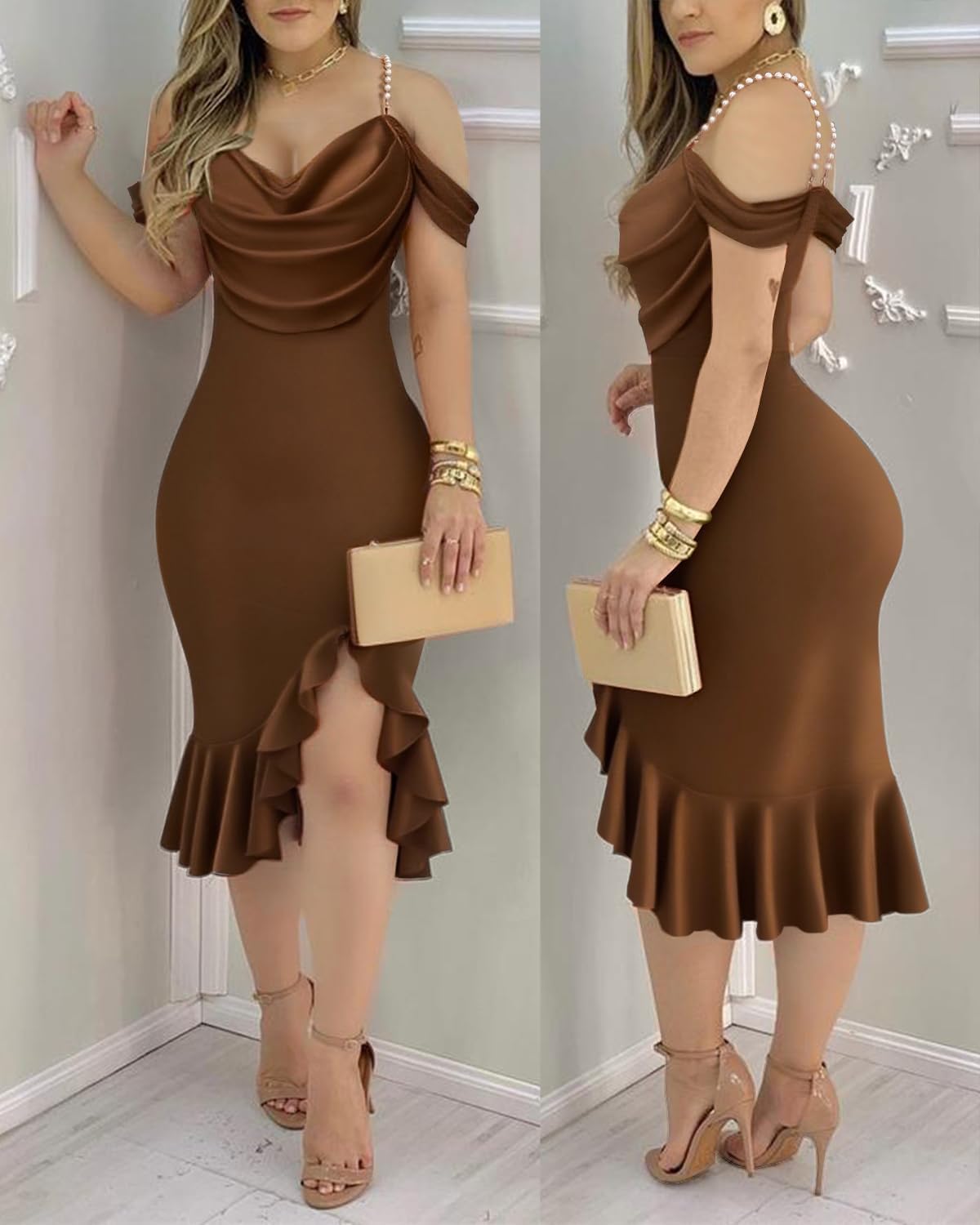 CHICME Womens Cocktail Dresses Pearls Strap Bodycon Midi Dress image 3