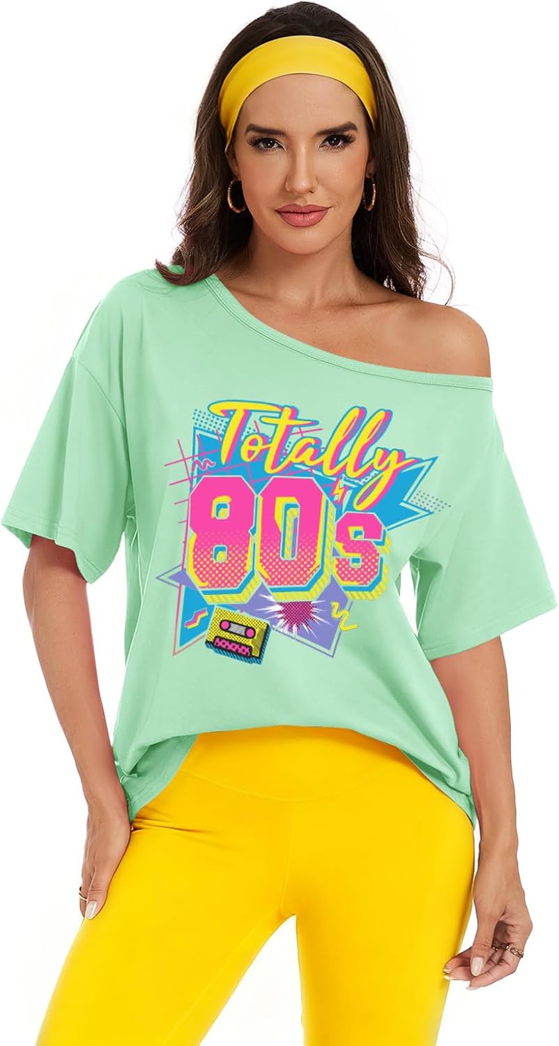 80s Shirts for Women Oversized Retro Off The Shoulder Top Disco 80s 90s Theme Party Outfit - Image 5