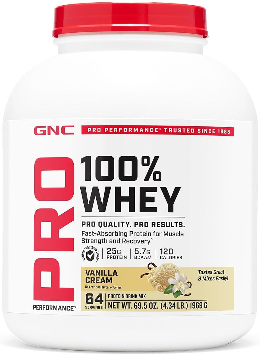 GNC Pro Performance 100% Whey 2.0, Vanilla Cream, 64 Servings | 25g Gluten-Free Protein with BCAA Amino Acids for Muscle Recovery and Strength, Third-Party Tested for Banned Substances