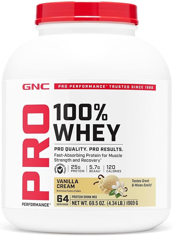 GNC Pro Performance 100% Whey 2.0, Vanilla Cream, 64 Servings | 25g Gluten-Free Protein with BCAA Amino Acids for Muscle Recovery and Strength, Third-Party Tested for Banned Substances
