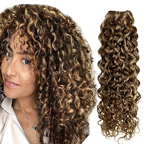 Easyouth Natural Wave Clip in Human Hair Extensions Dark Brown Highlighted Caramel Blonde 12 Inch 100g 7 Pieces Curly Hair Extensions Clip ins Full Head Clip on Hair Pieces