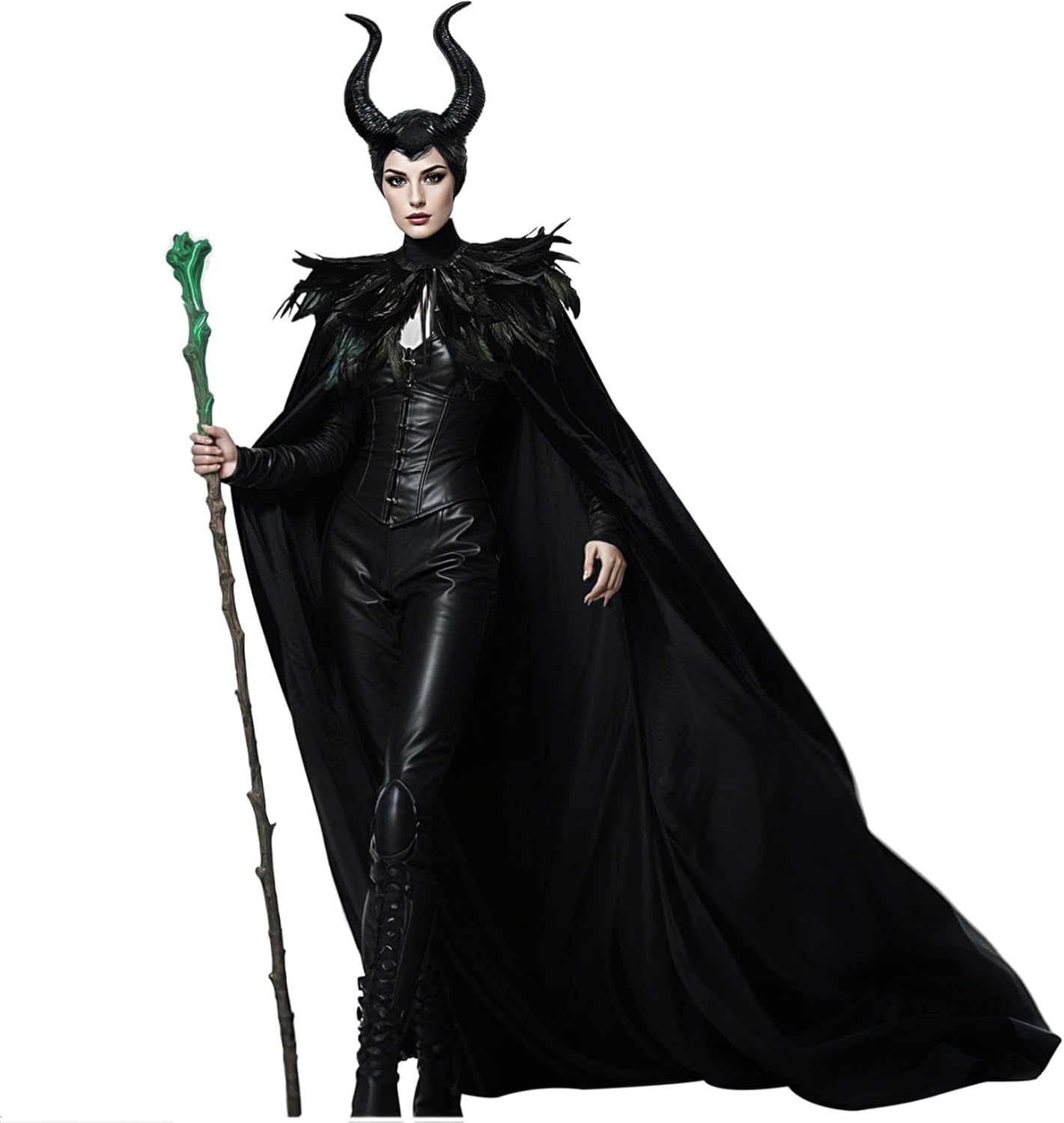 L'VOW Black Feather Shawl Cloak with Demon Horns Set - Women's Halloween Wicked Queen Costume