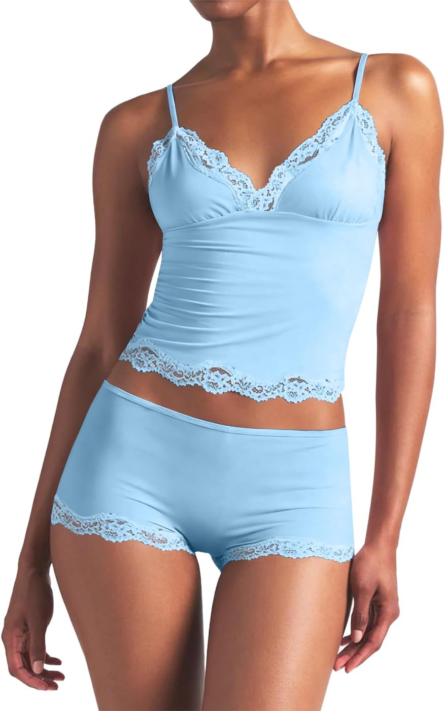 LEEDYA Womens Cami Pajama Set Sexy 2 Piece Sleeveless Pjs Summer V Neck Tank Top Y2K Lace Trim Sleepwear Lounge Set