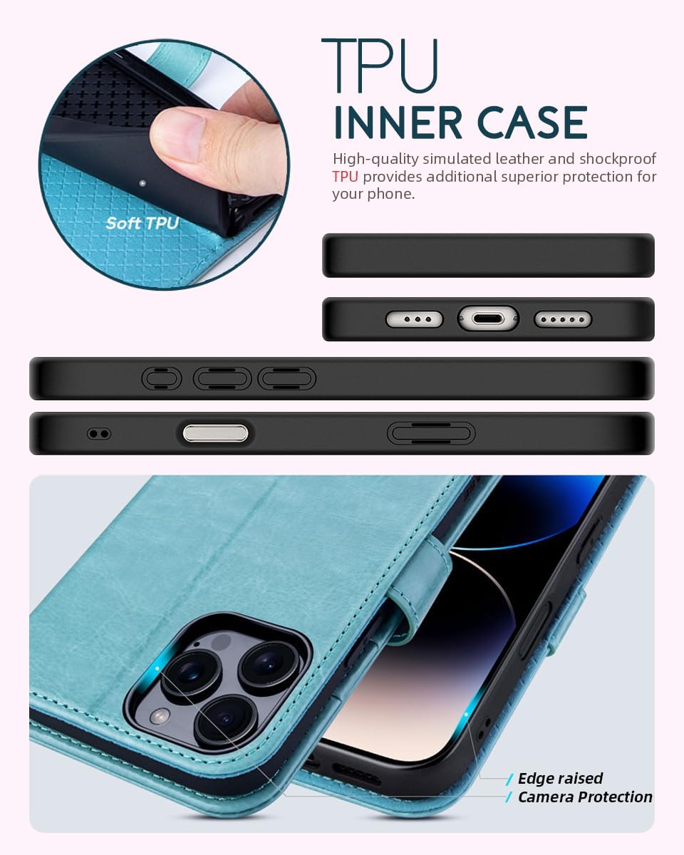 OCASE for iPhone 16 Pro Wallet Case, PU Leather Crossbody Phone Case with Removable Shoulder Strap, Kickstand, RFID Blocking Card Slots, Flip Folio Phone Cover 6.3 Inch 2024, Ice Blue