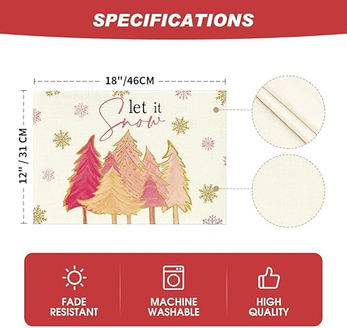 Miniatura 6 de Artoid Mode Juego de 4 manteles individuales de invierno con diseño de árbol de Navidad, diseño de copo de nieve rosa de 12 x 18 pulgadas para