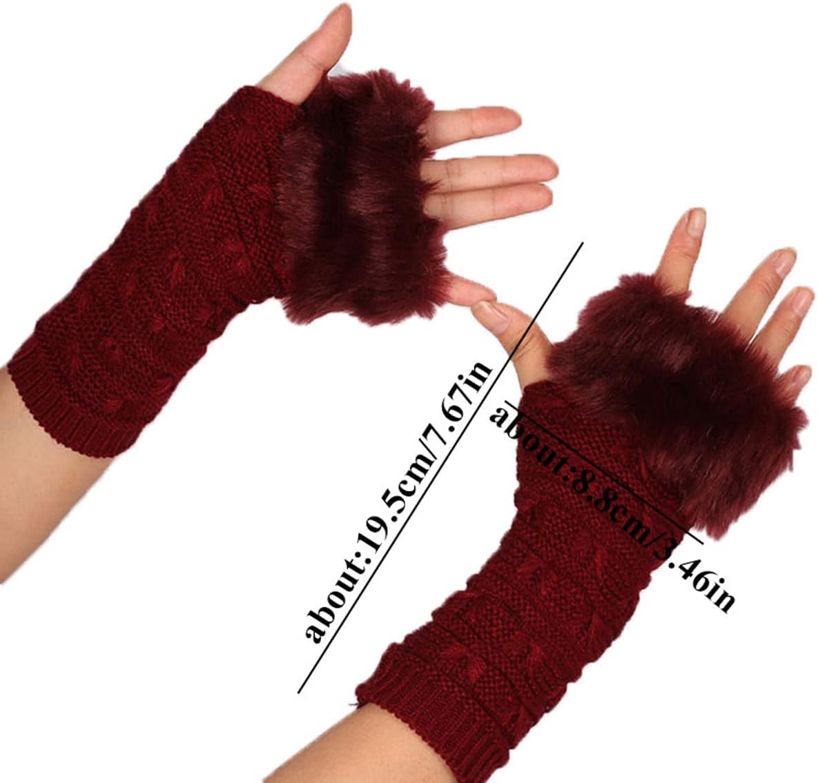 Queenbox Faux Fur Knit Fingerless Gloves, Arm Hand Warmer Sleeve Half Finger Mittens, White 01