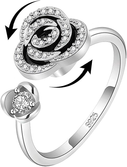 HEEYA S925 Sterling Silver Fidget Rings for Women Girl - Rotatable Anxiety Rings - Adjustabl Thumb Rings - Cubic Zirconia Opal Bee/Flower/Four-leaf Clover/Rose/Sunflower/Sun/Moon Start Ring with Box