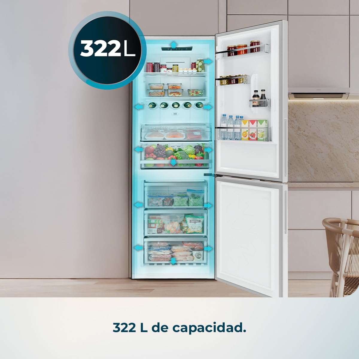 Cecotec Frigorífico Combi 322L Bolero CoolMarket Combi 322i Inox D. 185,5cm de Alto, 59,5cm de Ancho, Tecnología Multi Airflow, HumidityFlex HUB, LED Interior