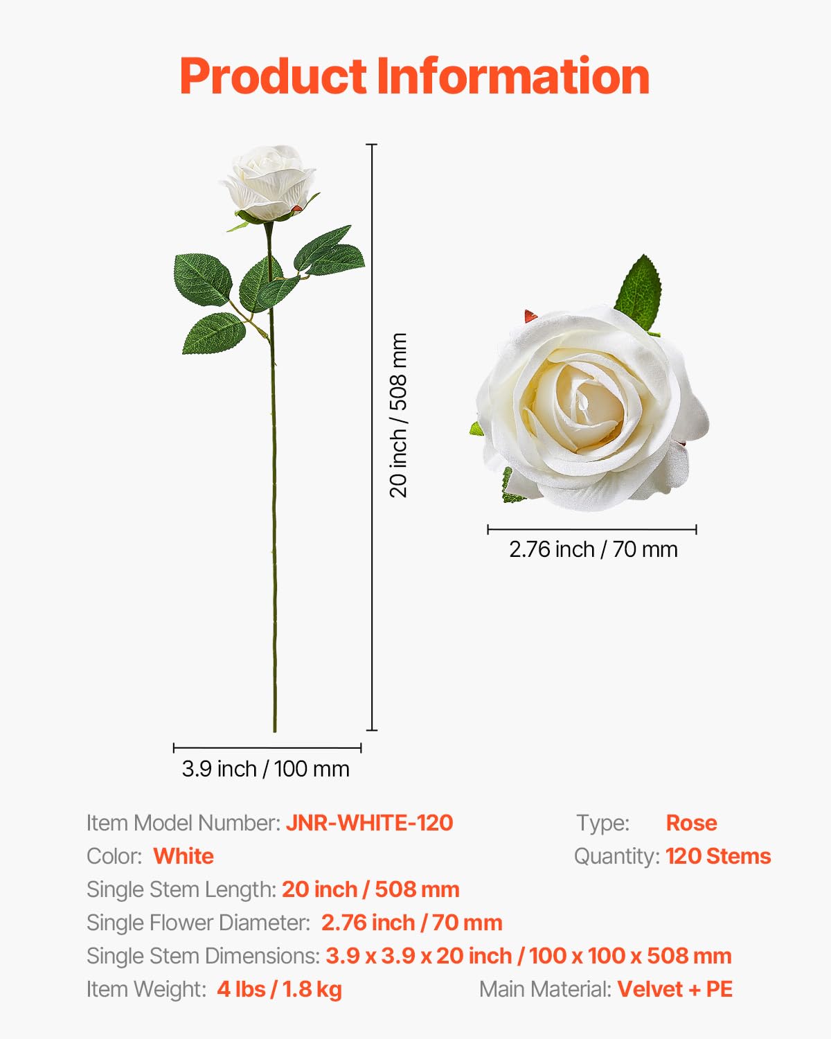VEVOR Künstliche Blumen Rosen, 120 Stück Kunstblumen, Weiße Gefälschte Rose mit Stielen, Schaumrosen für DIY Hochzeit Blumensträuße Braut Valentinstag Muttertag Zuhause Dekoration