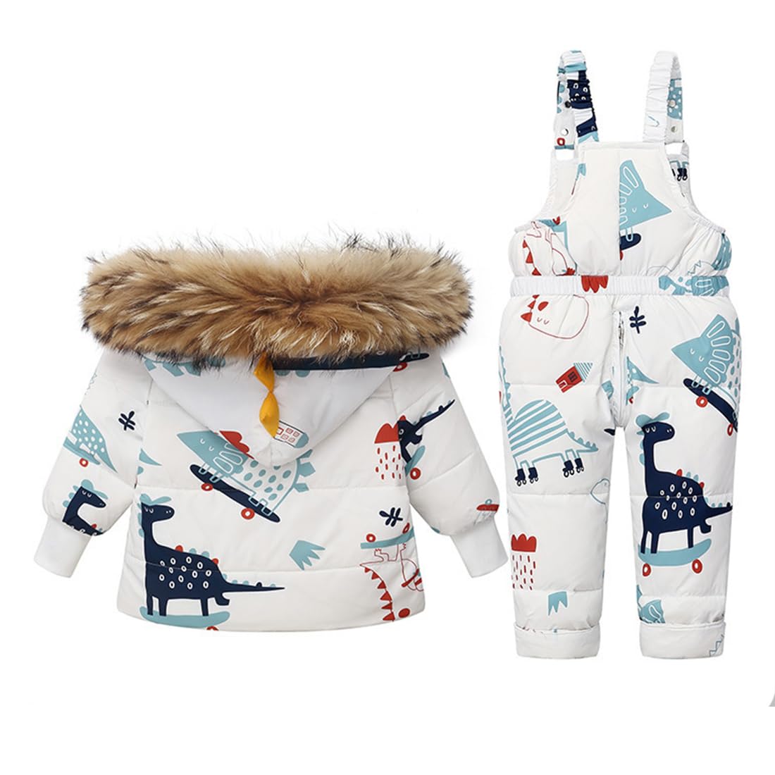 Combinaison de Neige Bébé 2pcs Ensemble Hiver Enfant avec Col en Fourrure Amovible Manteau Chaud et Pantalon Imperméable Coupe-Vent Tenue de Neige pour Fille Garçon Blanc