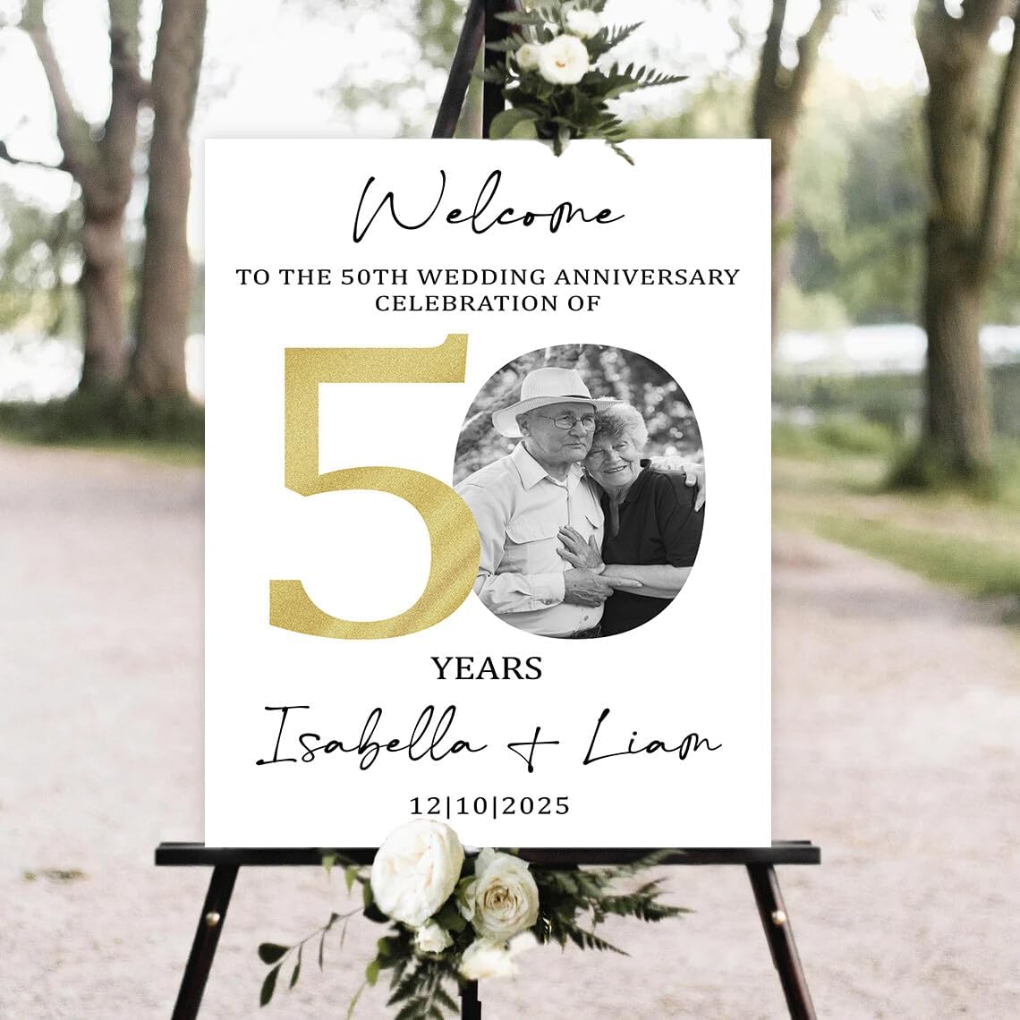 Minimalist Anniversary Welcome Sign with Photo, Gold 50th Wedding Anniversary Welcome Sign, Happy Anniversary Signs, Celebarating 50 Years Welcome Poster, 50th Anniversary Decorations