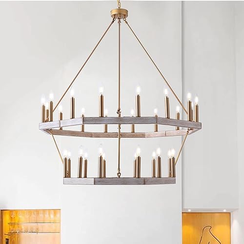 Aiwen Candelabro de 28 luces con ruedas de carro de 39 pulgadas, 2 niveles, color dorado cepillado, gran accesorio de iluminación rústica para sala