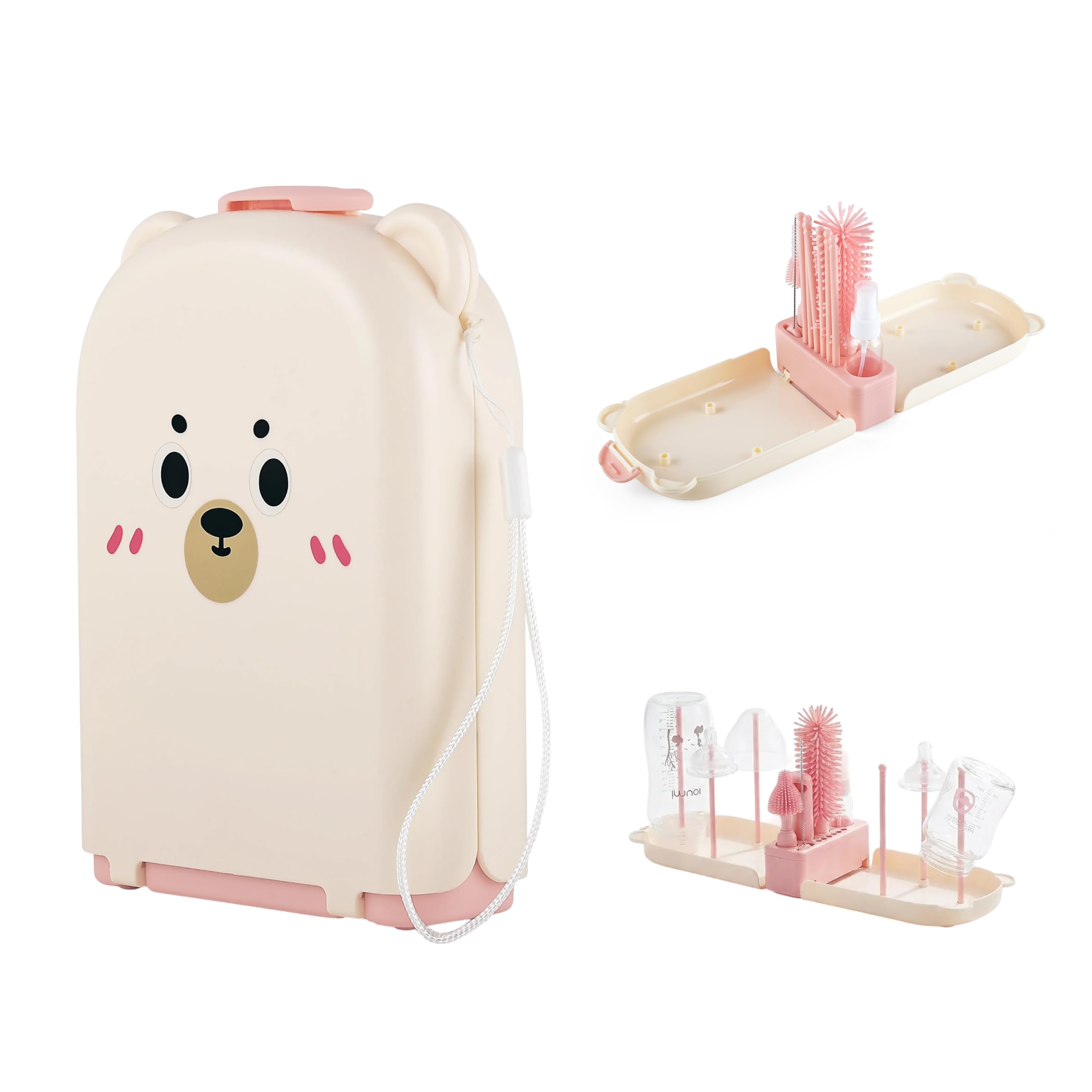 Zoonior 7-in-1 Portable Baby Bottle Cleaning & Drying Kit - Cute Bear Travel Case with Silicone Bottle Brush, Nipple Cle