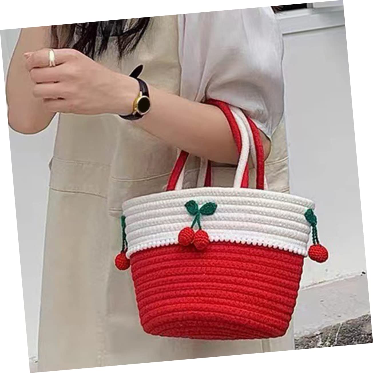 BRIGHTFUFU Cotton Rope Woven Storage Basket with Cherry Lace Trim Versatile Tote for Home Organization Stylish Sundry Basket for Magazines and More Handheld Design
