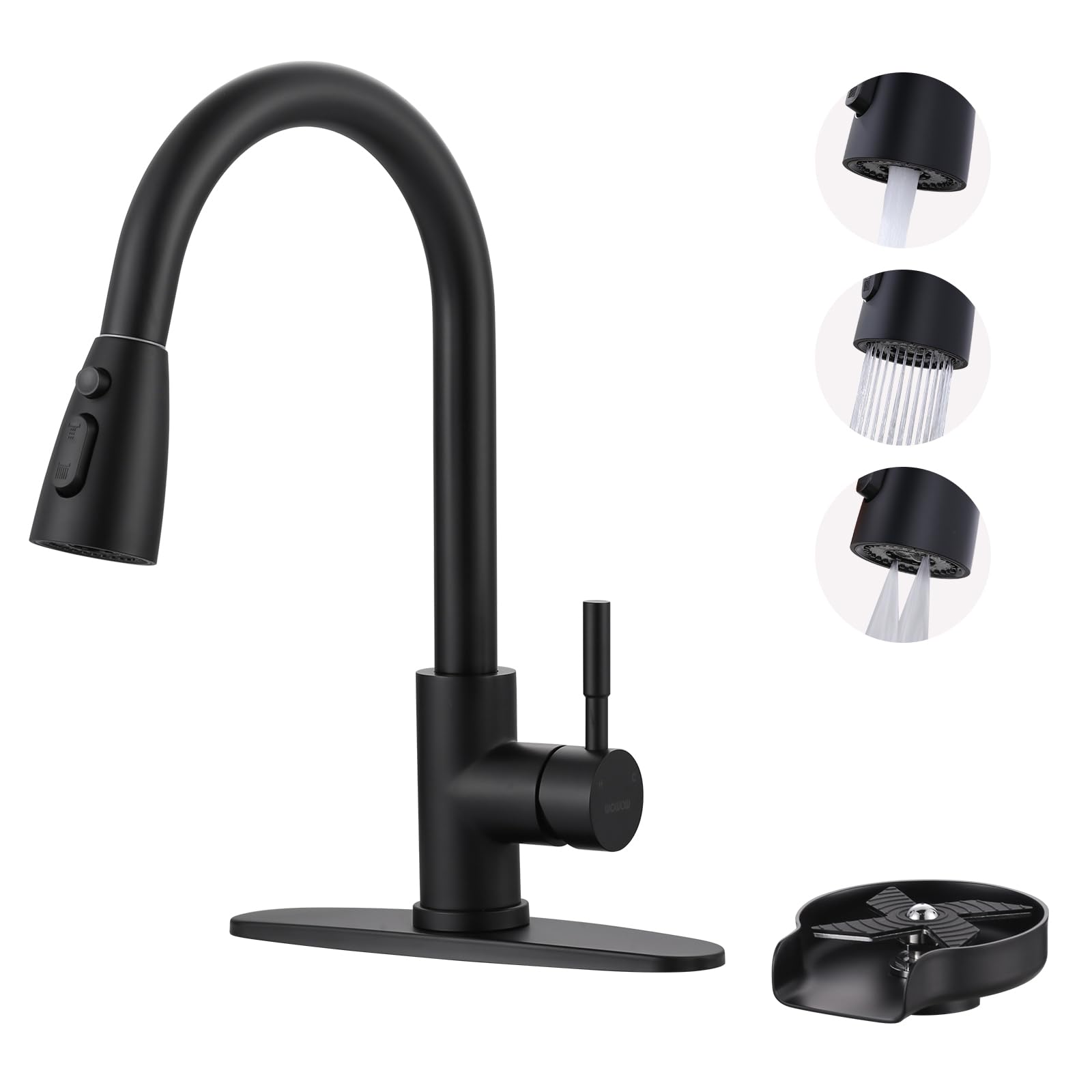 WOWOW Black Kitchen Faucet with Sprayer: 304 Stainless Steel Kitchen Sink Faucet High Arc Pull Down Design for 2 or 4 Hole, Modern Style Kitchen Faucet with Glass Rinser B: Black