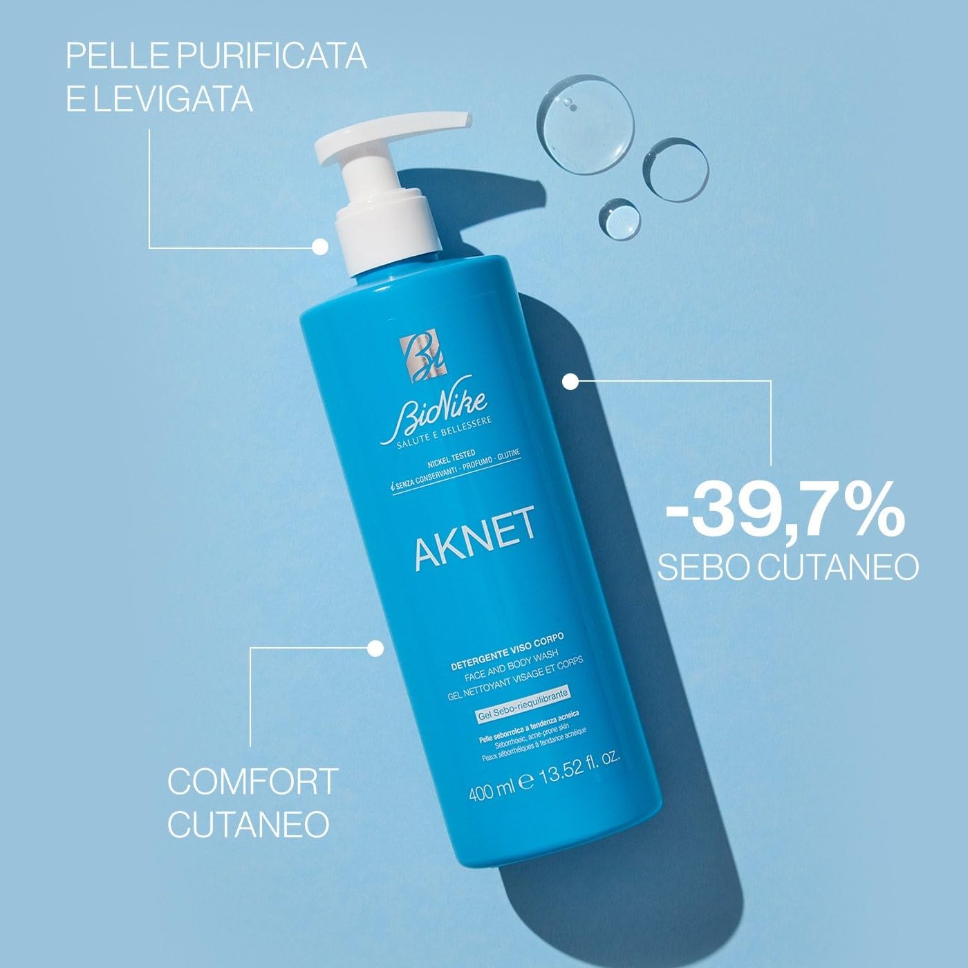 BioNike Aknet - Gel Detergente Viso e Corpo per Pelle Grassa e a Tendenza Acneica, Riequilibra e Purifica la Pelle, Migliora le Imperfezioni, 400 ml