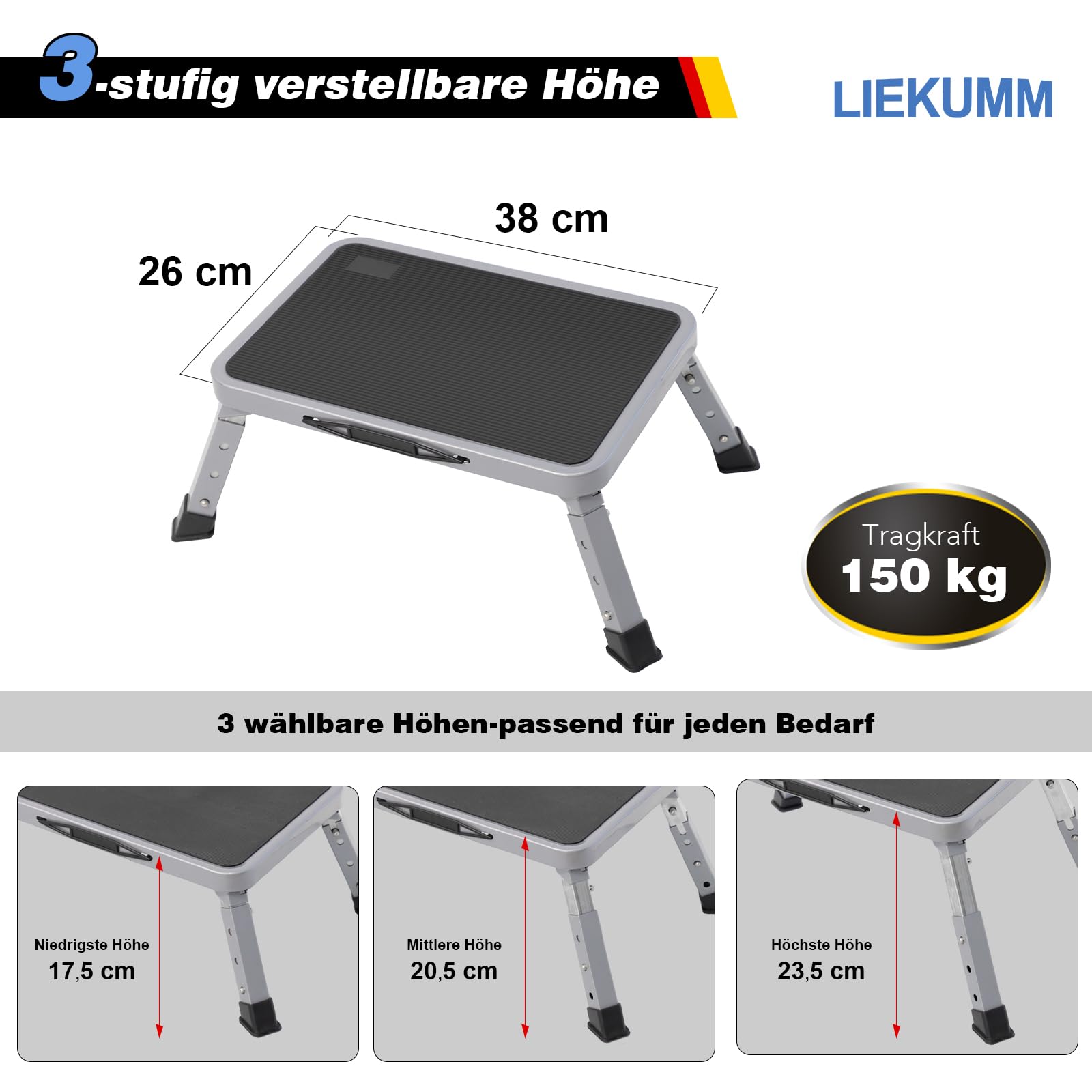 LIEKUMM Sgabello pieghevole a 3 livelli, portata 150 kg, altezza regolabile, con piattaforma antiscivolo, gradino per casa, cucina, bagno e camper, grigio