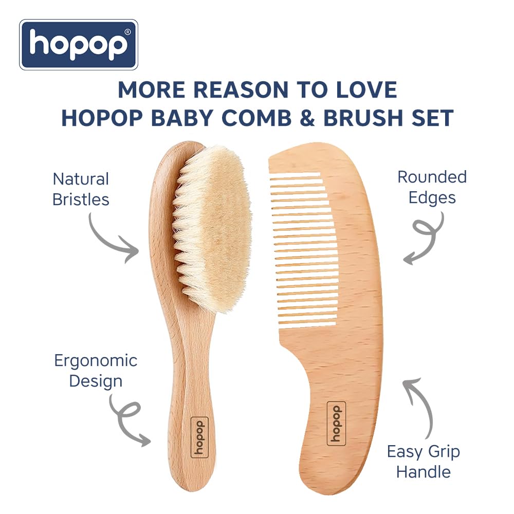 Hopop Baby Hair Brush and Comb Set | Natural Soft Bristles Hair Brush and Wooden Comb Set for Newborn Babies and Toddlers for Grooming | Safe & Gentle | Eco-Friendly Baby Grooming Solution 1