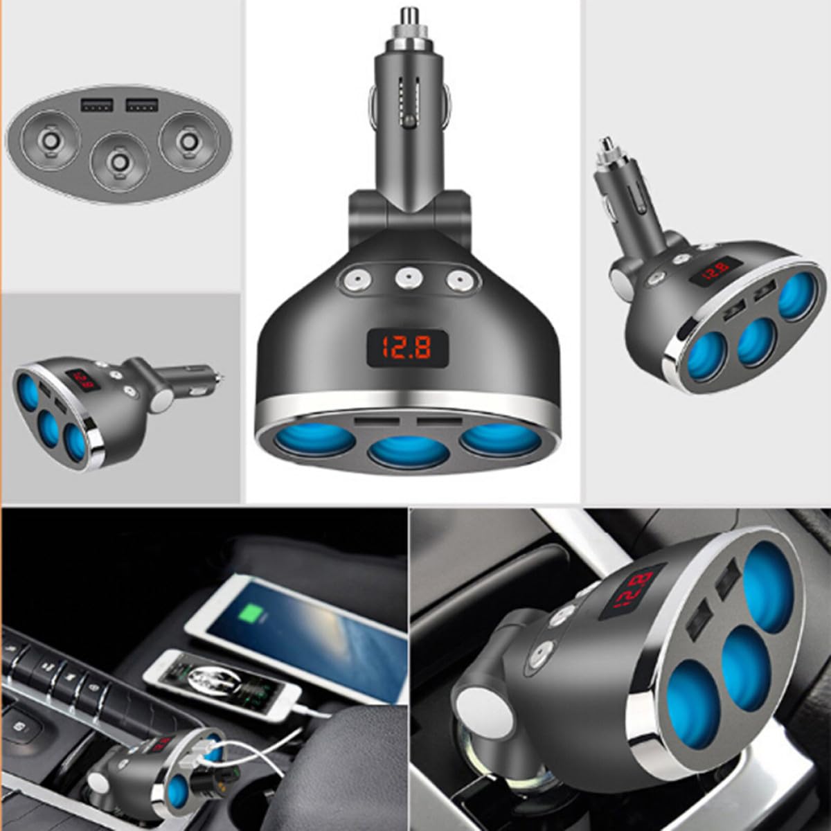ULTECHNOVO 2piezas Cargador De Coche Enchufes con Puertos USB y Adaptador Mechero para Dispositivos Móviles Pantalla Led De Voltaje Carga Rápida para y Negro
