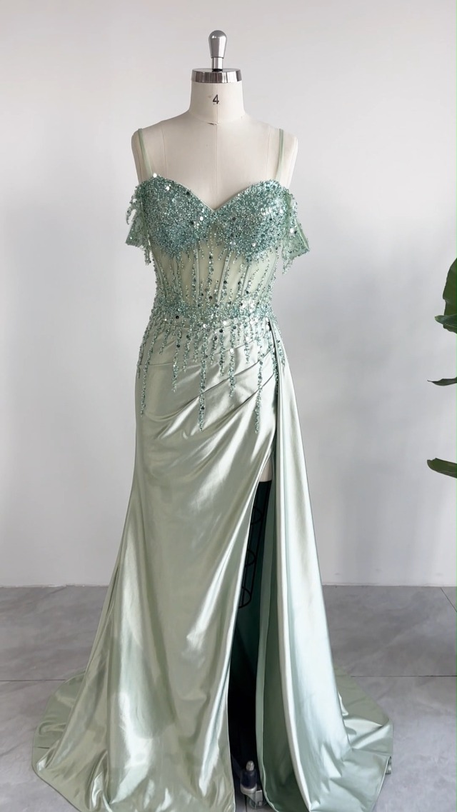 Watch Mermaid Satin Prom Dress Sparkly Beaded Formal Evening Gown on Amazon Live