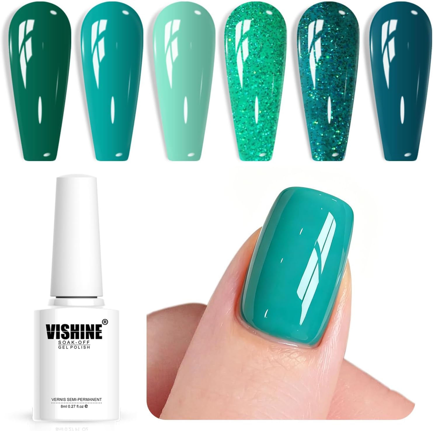 Vishine Gel Polish Set Green Teal Blue Glitter Colors 6pcs Soak Off UV LED Gel Nail Manicure Kit 8ML