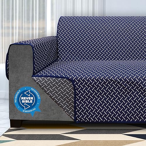 Image of DREAM KING 3 Layers 300 GSM Waterproof Reversible Sofa Cover Single Seater with Pockets | Dust Protective Soft Fabric Sofa Seat Cover Navy Blue & Grey