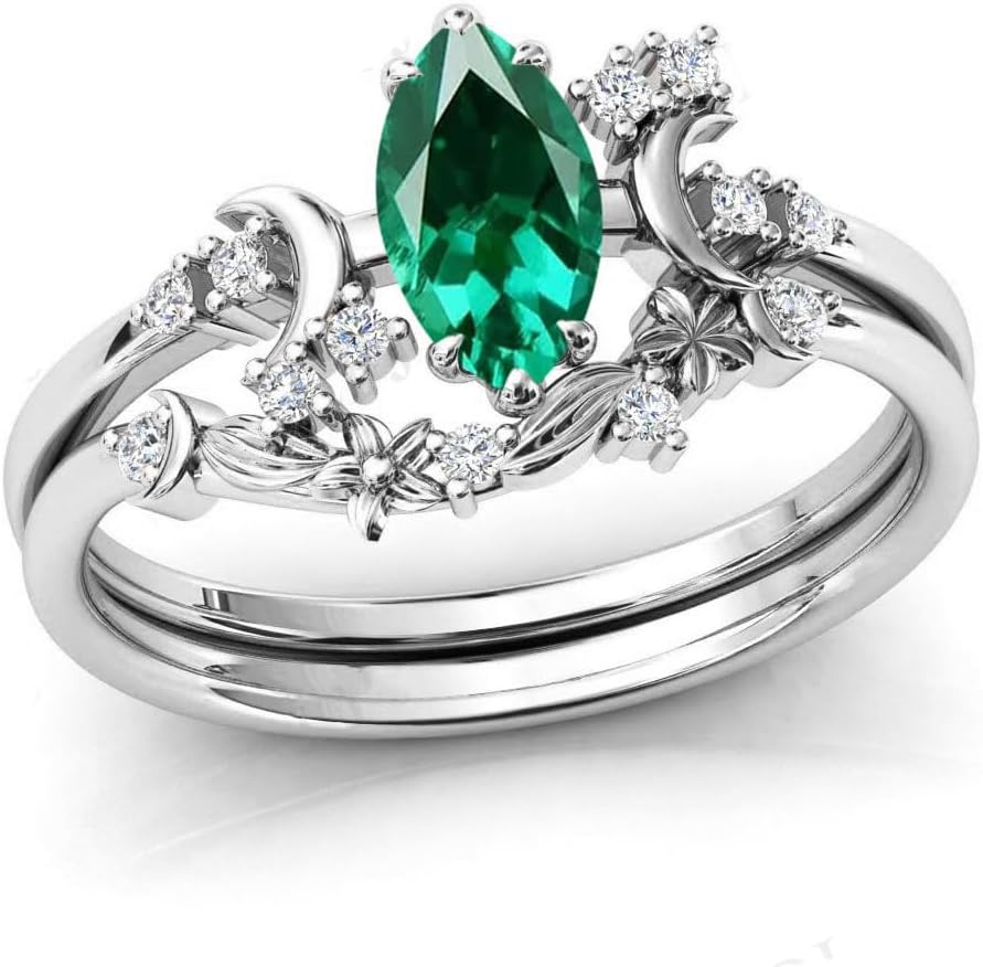 10K 14K 18K Black Gold Marquise Gemstone Engagement Ring Set for Women 925 Sterling Silver Gemstone Triple Moon Goddess Art Deco Bridal Wedding Ring Set (Size 4-15)
