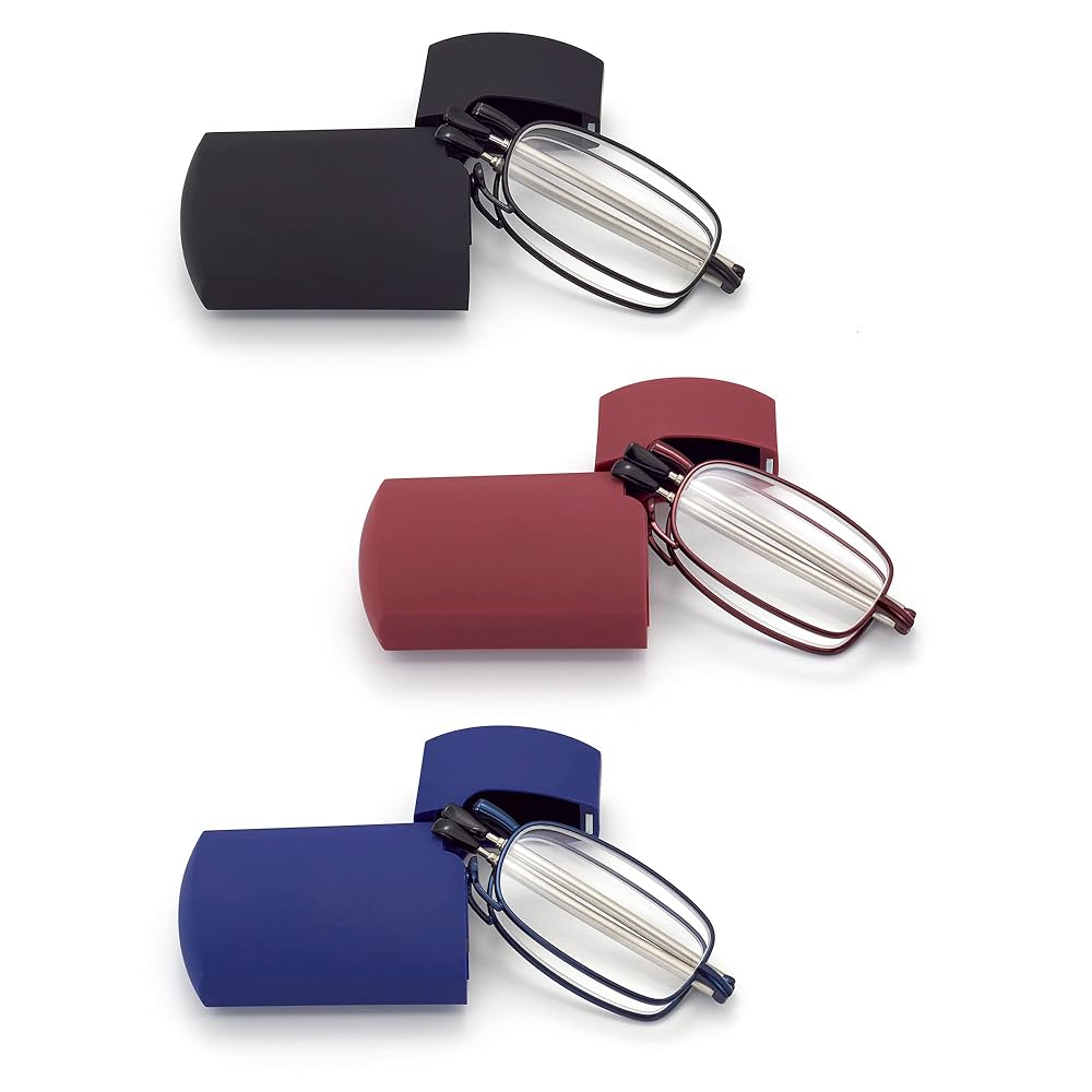 HIGHLIKE 3-Pack Hard Cases Folding Reading Glasses, Pocket Wallet Purse Compact Spring Hinge Readers, Transparent Clear Lens Black Blue Red 1.0 x