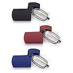 HIGHLIKE 3-Pack Hard Cases Folding Reading Glasses, Pocket Wallet Purse Compact Spring Hinge Readers, Transparent Clear Lens Black Blue Red 1.0 x