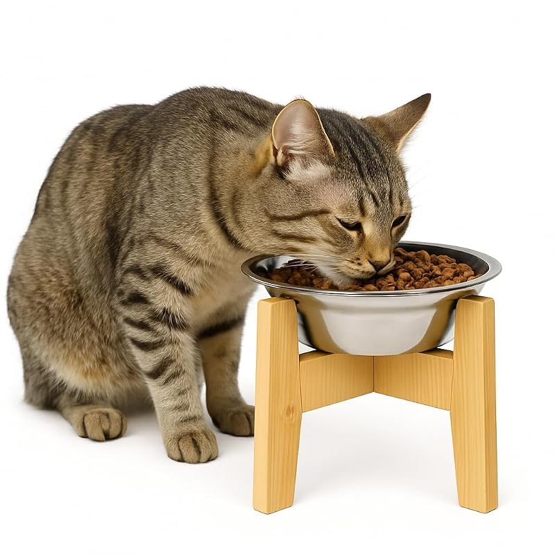Comedouro elevado para cães pequenos e gatos em aço inoxidável com suporte de bambu YIKATEND HX-8601 - 1 unidade
