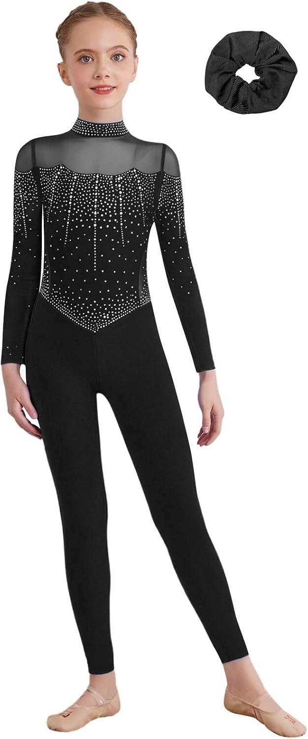 Kids Girls Figure Skating Leotards Tumbling Ballet Dance Jumpsuit with Hair Band Tank Unitard Outfits