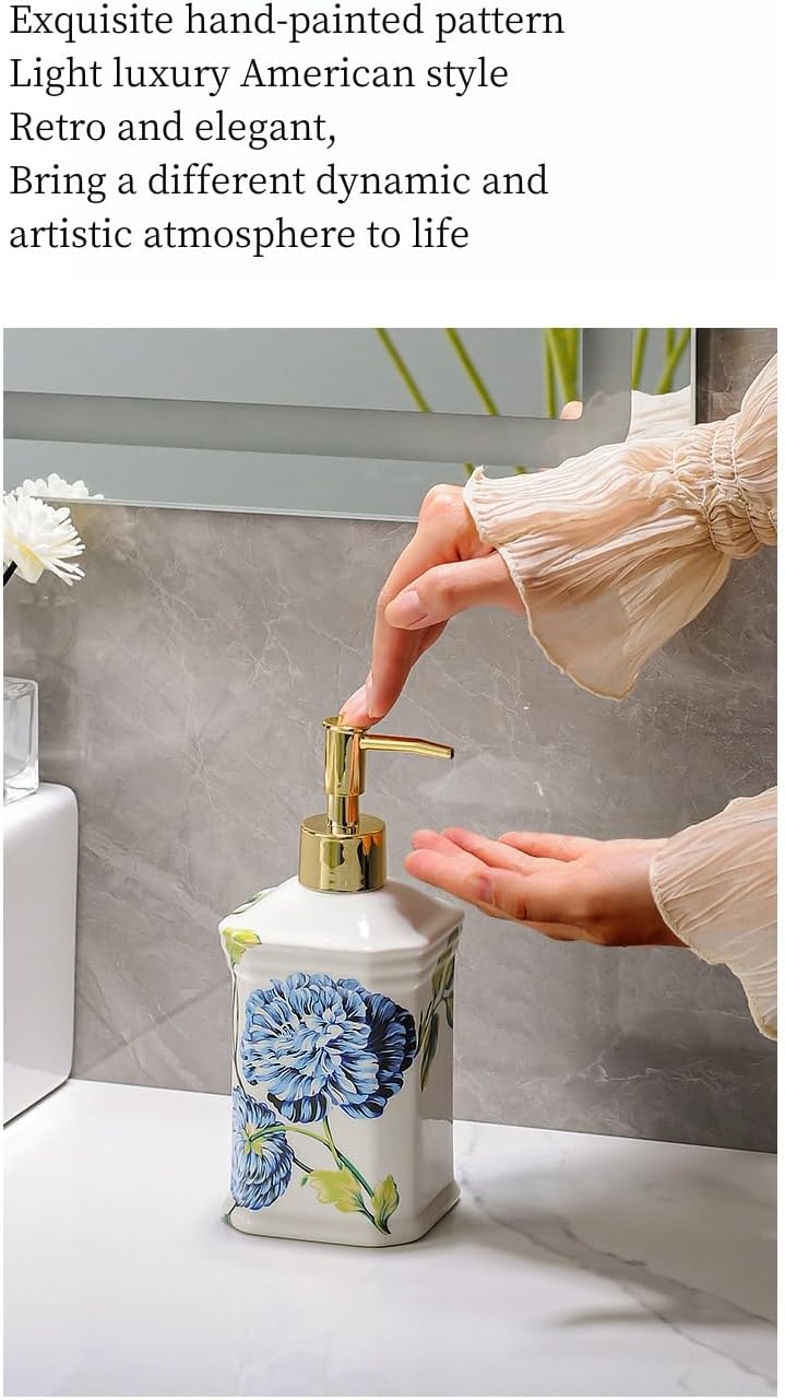 Kitchen Decor and Accessories,Vintage Soap Dispenser, Ceramic Liquid Dispenser Floral Lotion Pump Bottle for Countertop Bathroom Detergent Boho Modern Rustic Home 400ml(380ml)