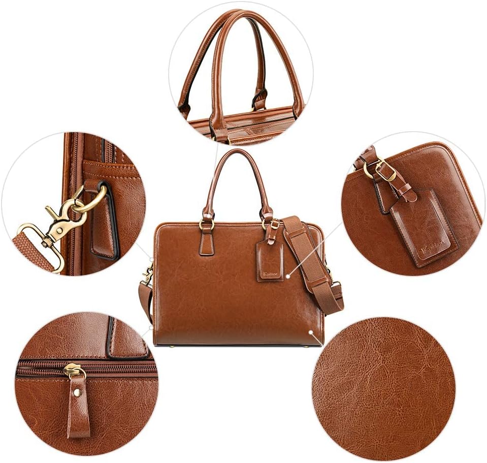 Kattee Genuine Leather Briefcase for Women, Large Capacity Laptop Bag with Luggage Tag