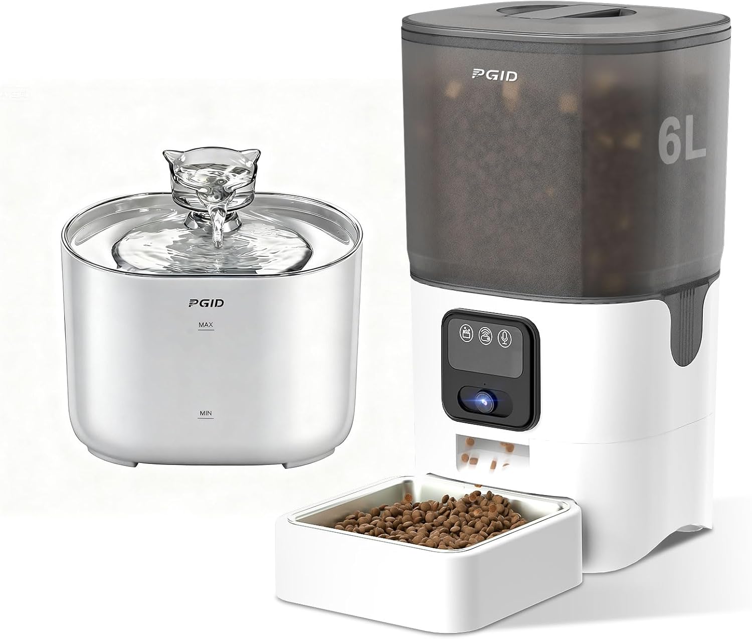 FGID 6L Automatic Feeder Cat Dry Food with Camera + 2.2L Wired Cat Water Fountian Set for Dog and Cat